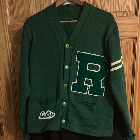 Vintage wool Green Varsity Cardigan with Letter R 1969